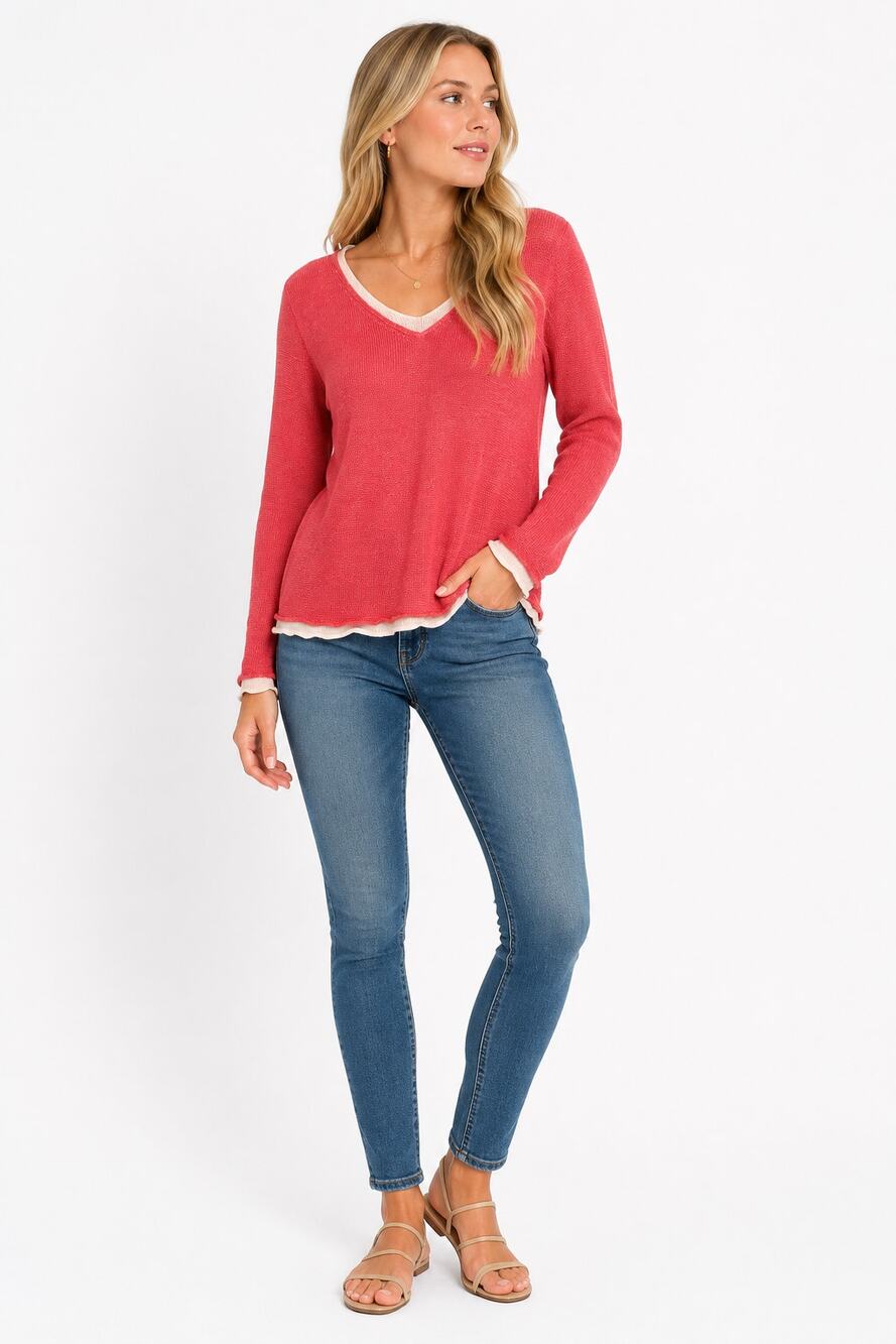 LR4006 Avalin 100 Linen Coral Layered V Neck Lightweight Sweater Medium